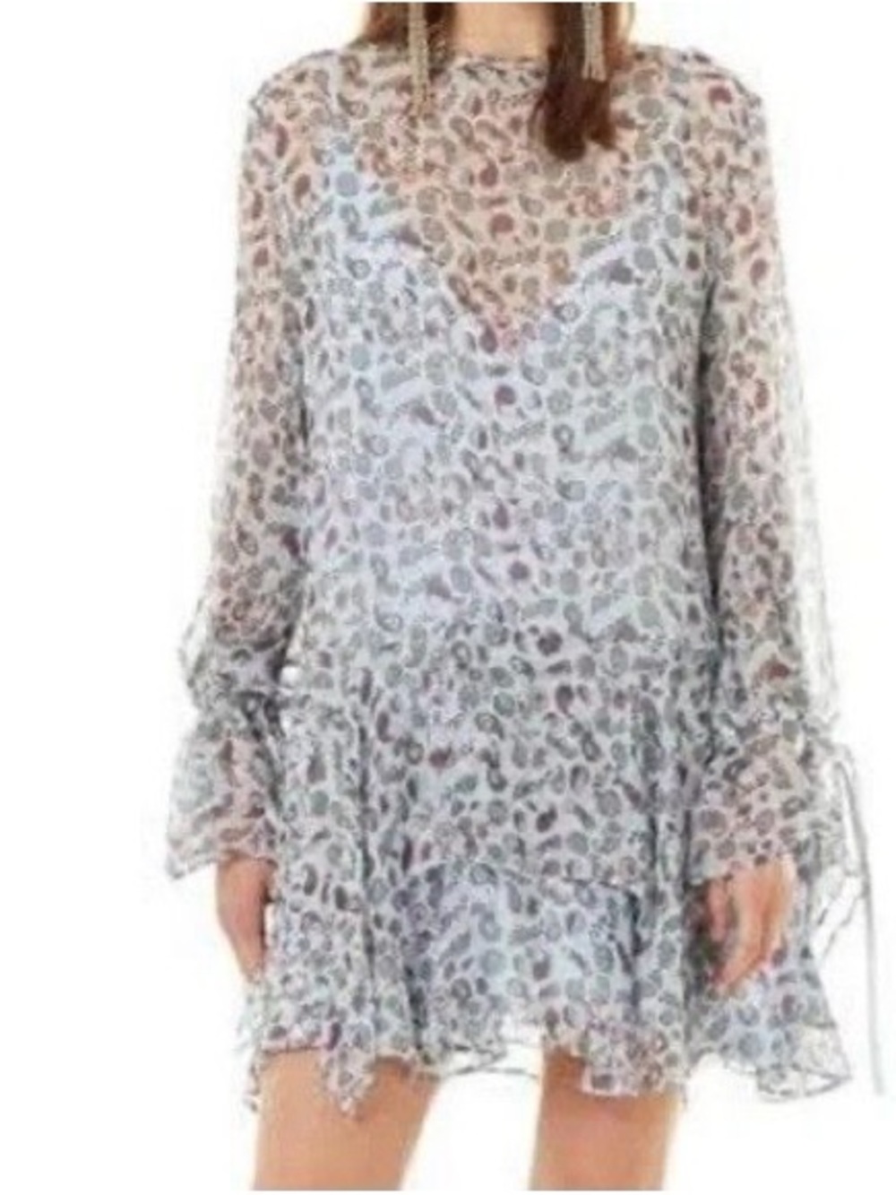 Stevie May Silver Gray Leopard Print Ruffle Hem Long Sleeve Dress